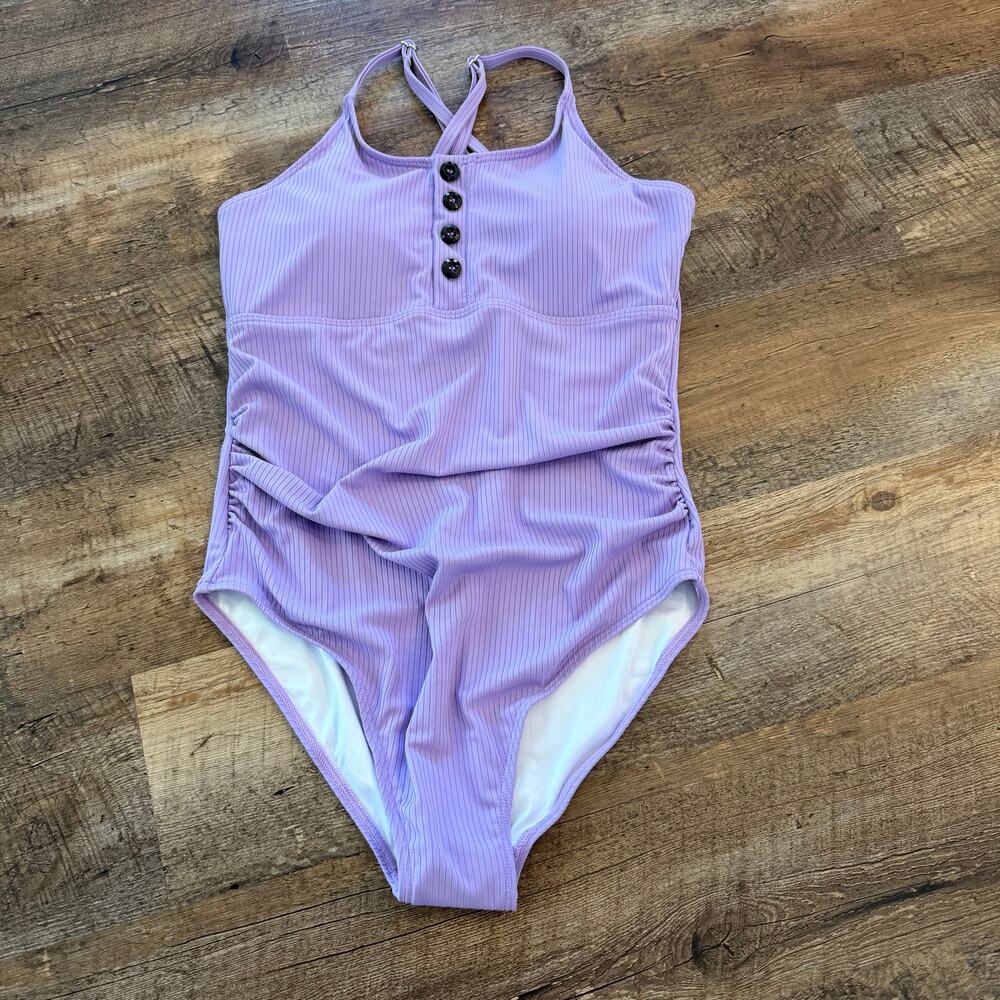 Summer Mae Purple Ribbed One Piece Swimsuit Shirred Sides Small